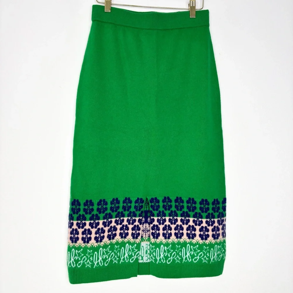 Lingua Franca Jacquard-Knit 100% Cashmere Midi Skirt – Green, Size Small New